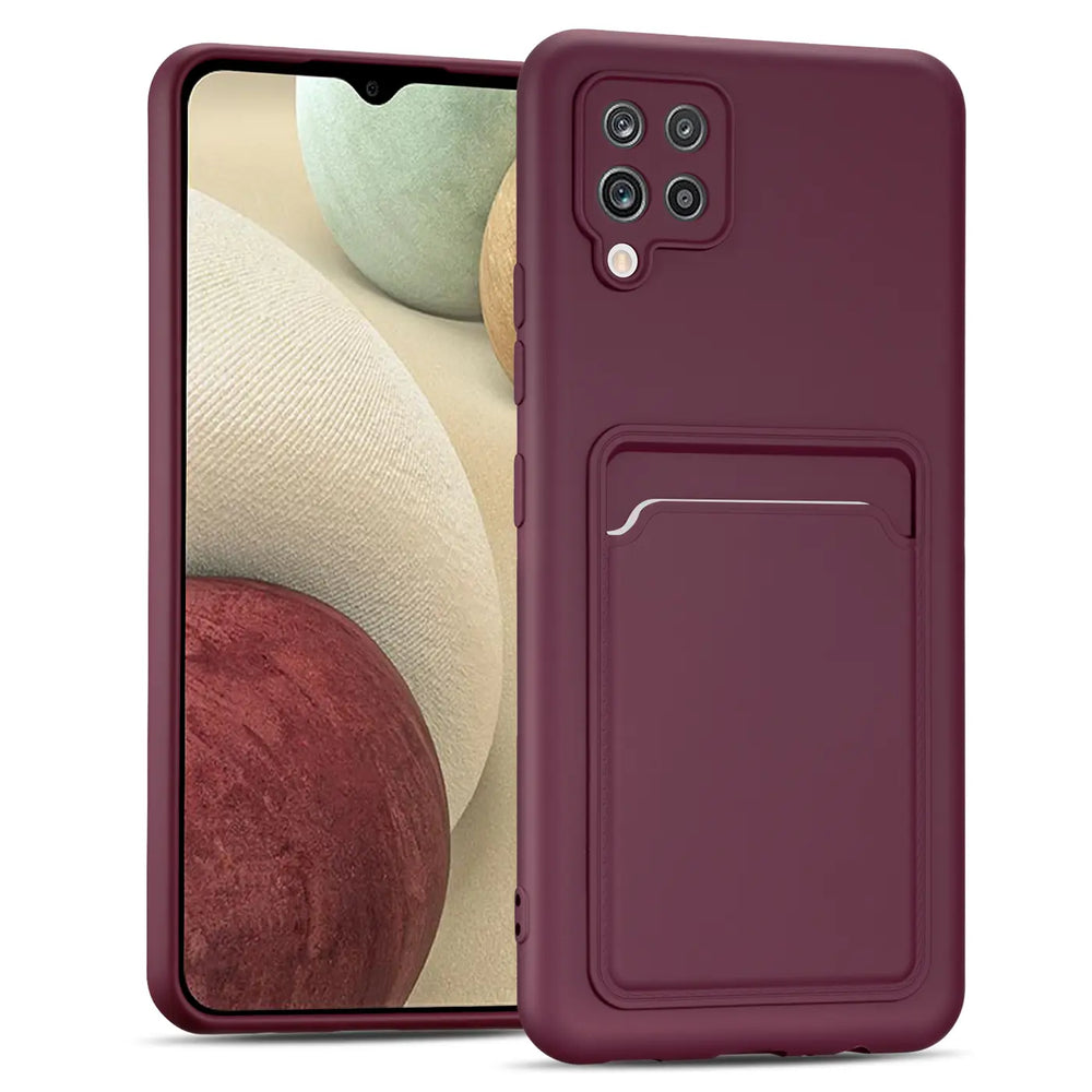 Dunkelrote Slim Hülle mit Kartenfach für Samsung Galaxy A42 5G, von vorne/leicht schräg