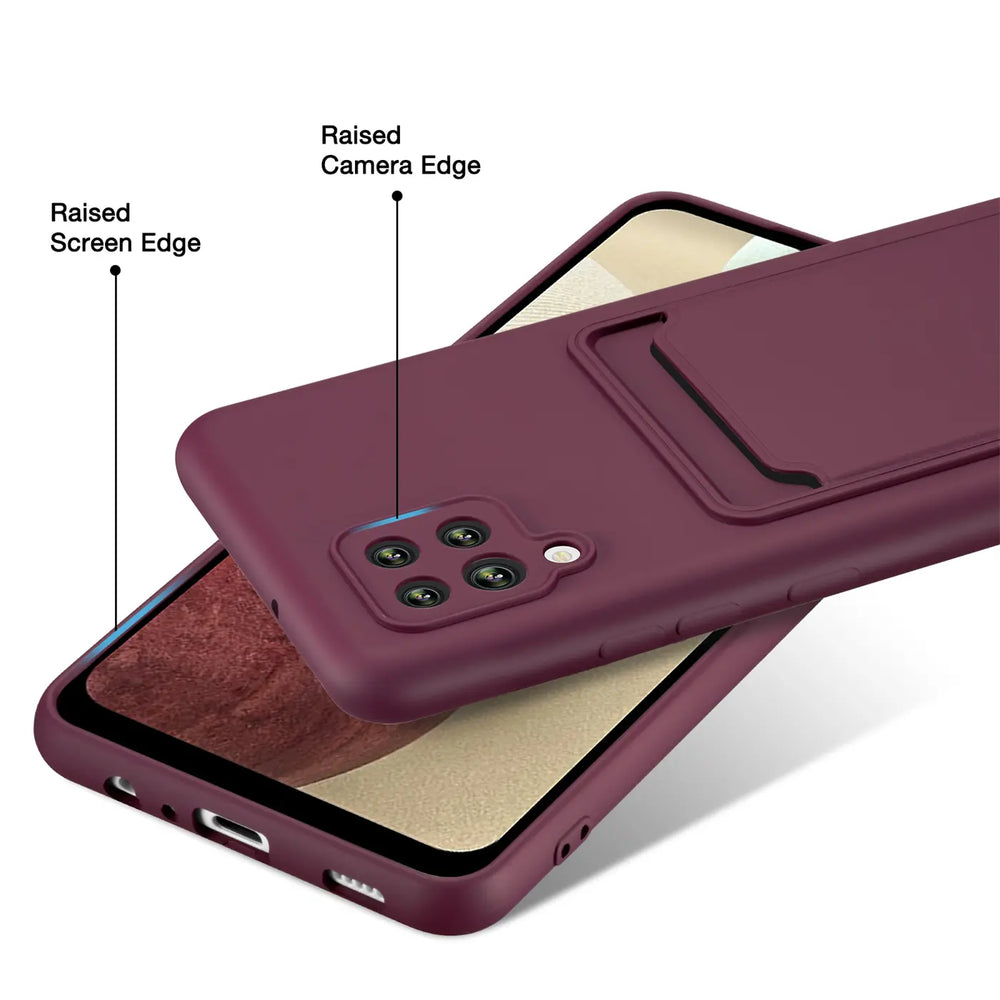 Dunkelrote Slim Hülle aus Kunststoff mit Kartenfach, zeigt Samsung Galaxy A42 5G.