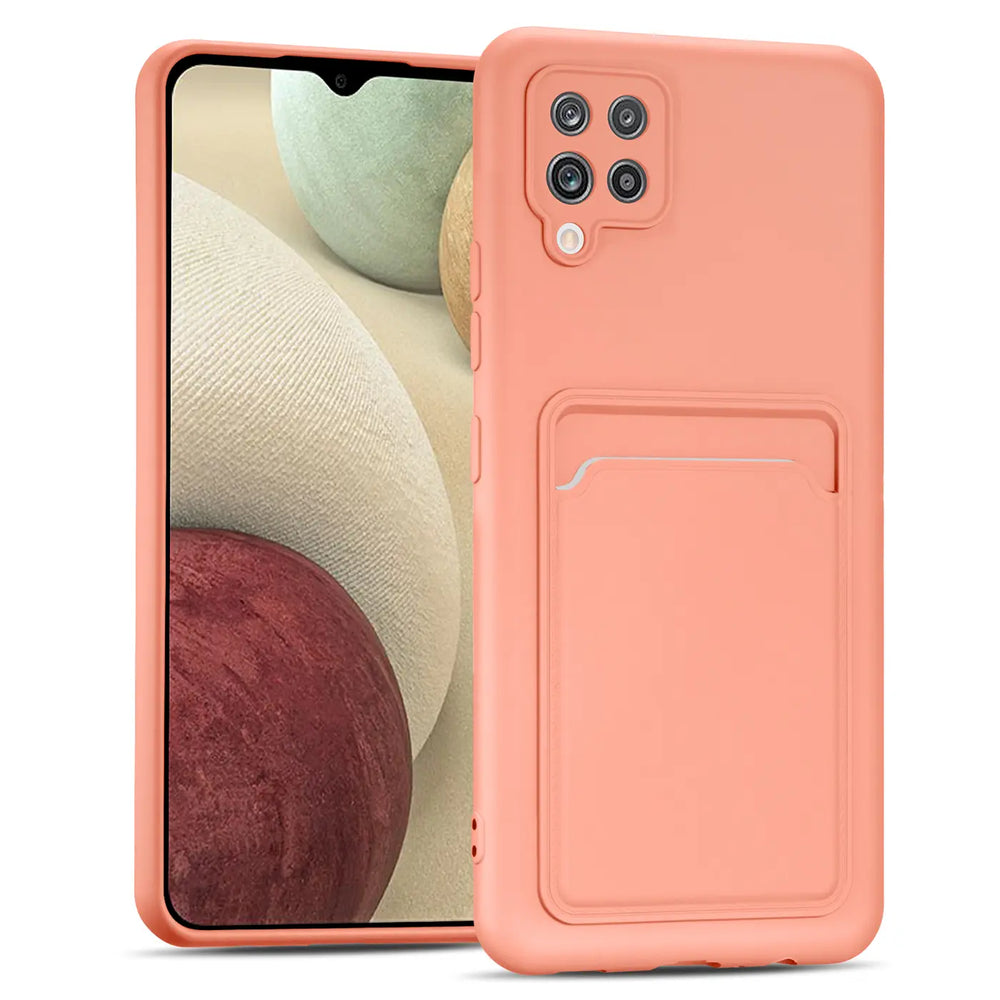 Korallenfarbene Slim Hülle aus Kunststoff mit Kartenfach, Vorder- und Rückansicht, Samsung Galaxy A42 5G.