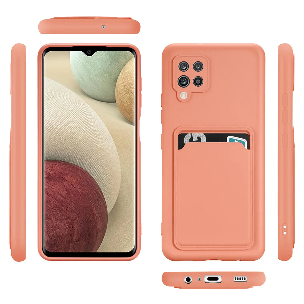 Orange Slim Hülle mit Kartenfach für Samsung Galaxy A42 5G, Silikon, verschiedene Ansichten.