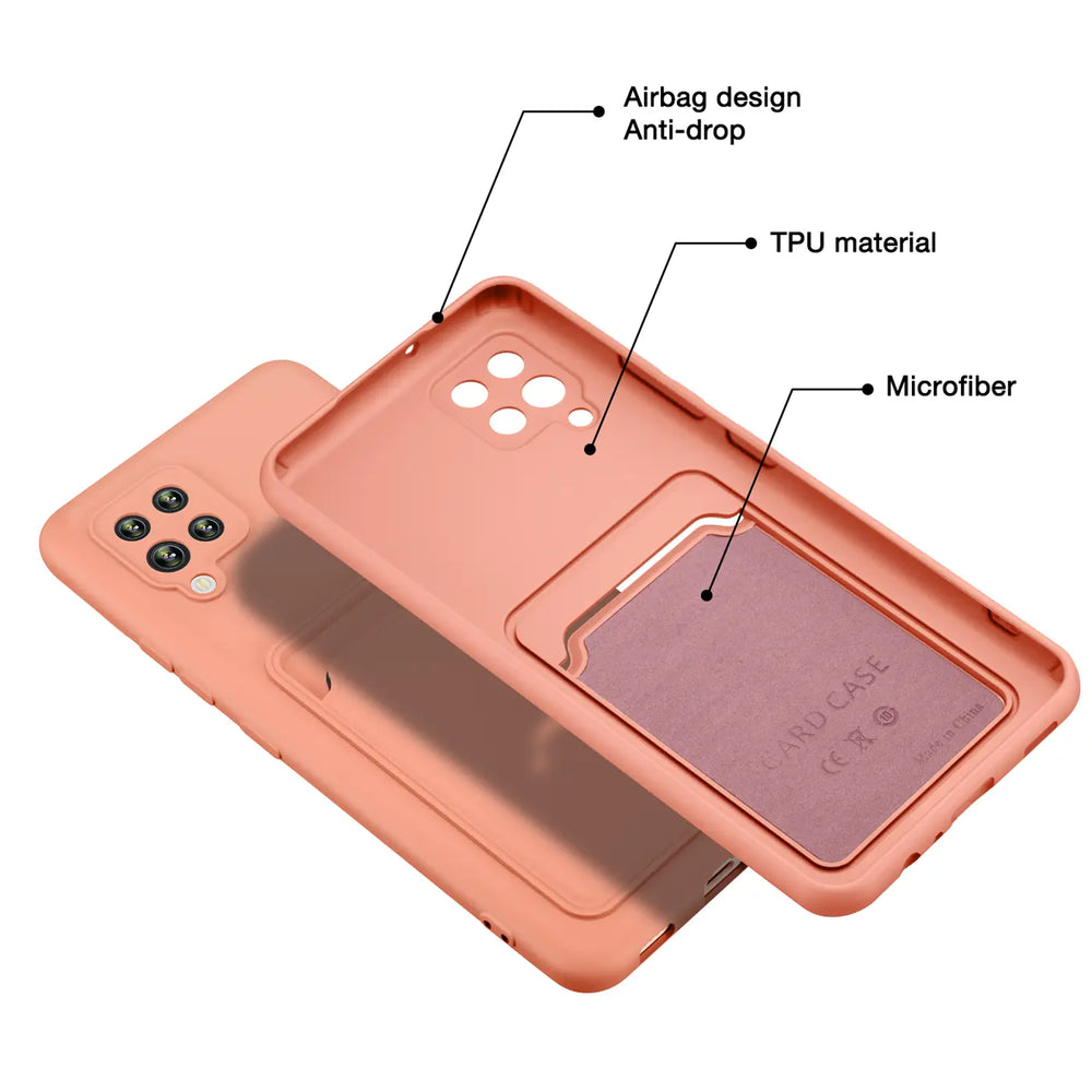 Rosa TPU-Hülle mit Kartenfach für Samsung Galaxy A42 5G, von oben/seitlich gezeigt.