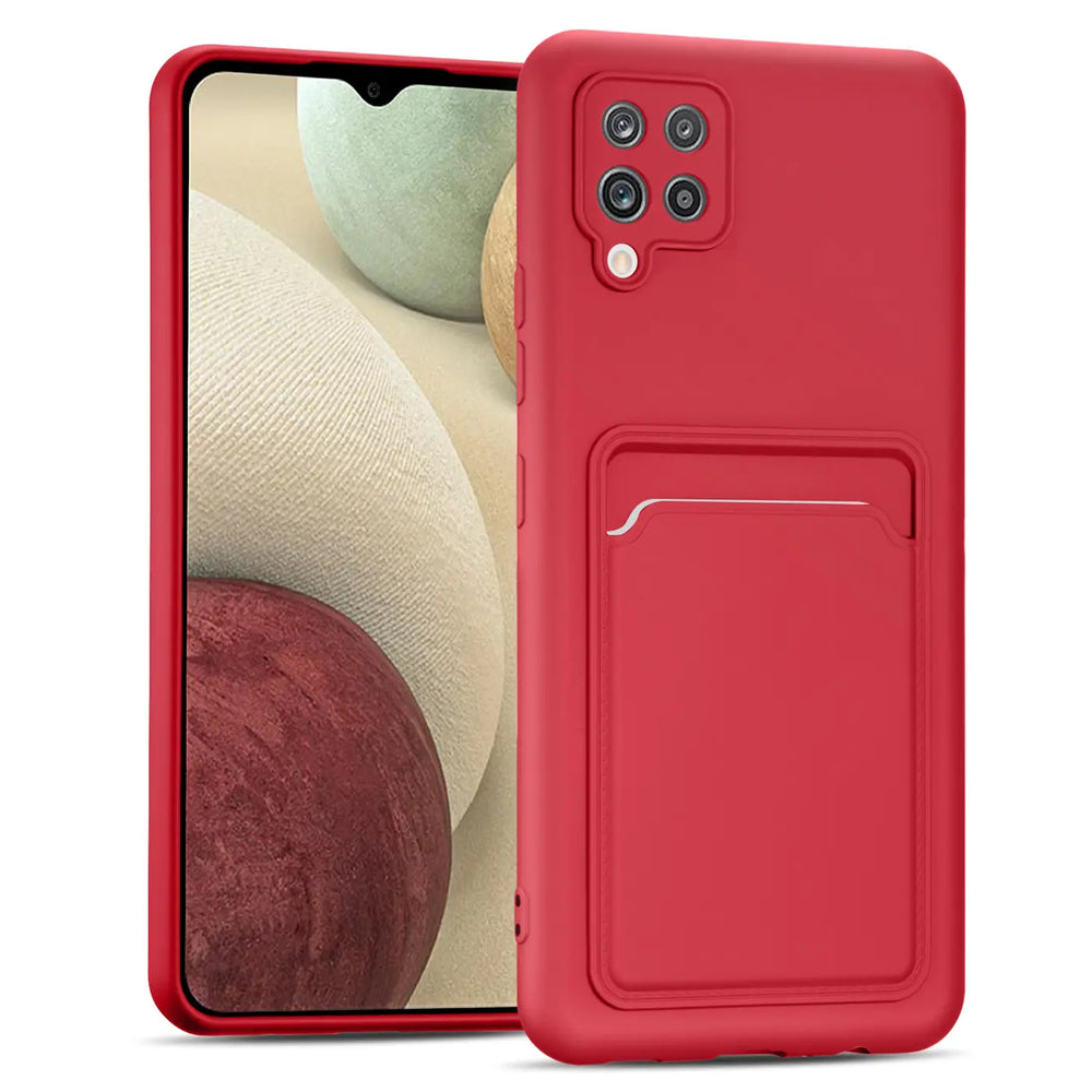 Rote Slim Hülle aus Kunststoff mit Kartenfach für Samsung Galaxy A42 5G, von vorne leicht schräg