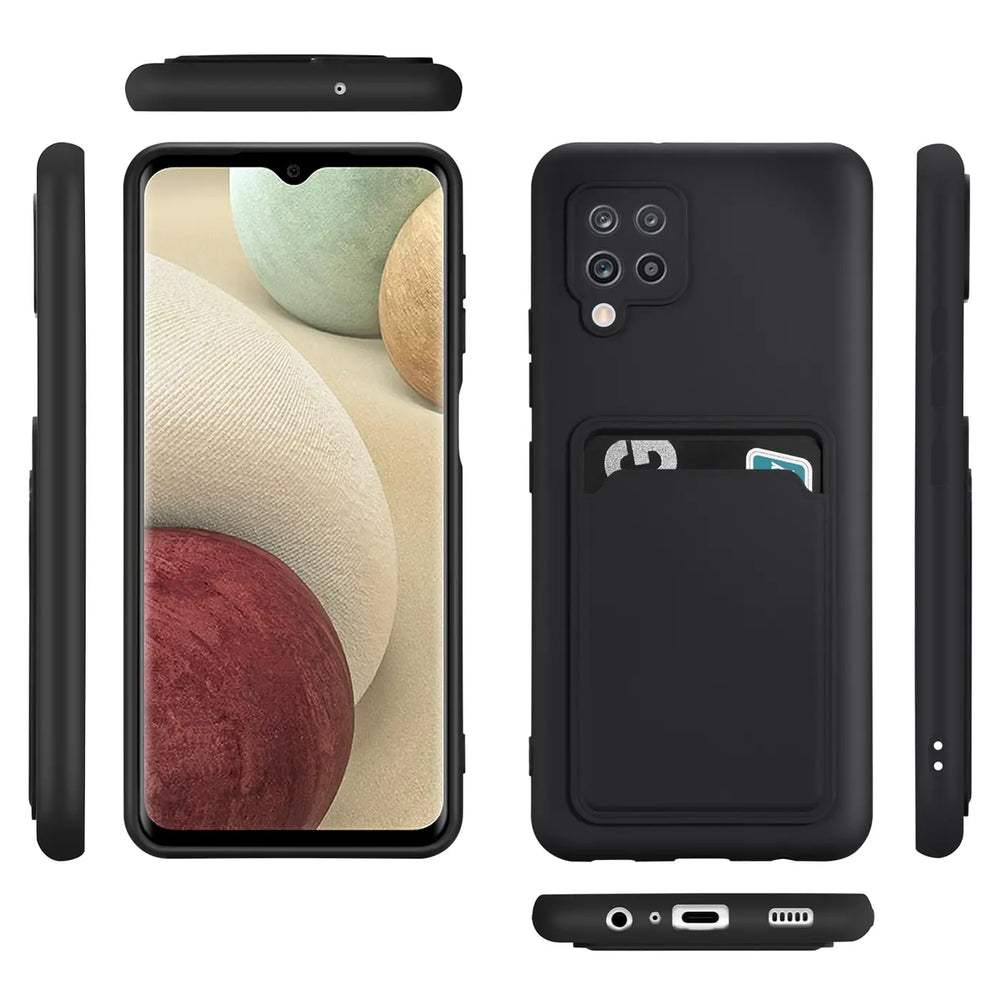 Schwarze Slim Hülle aus TPU mit Kartenfach, Vorder- und Rückansicht, Samsung Galaxy A42 5G