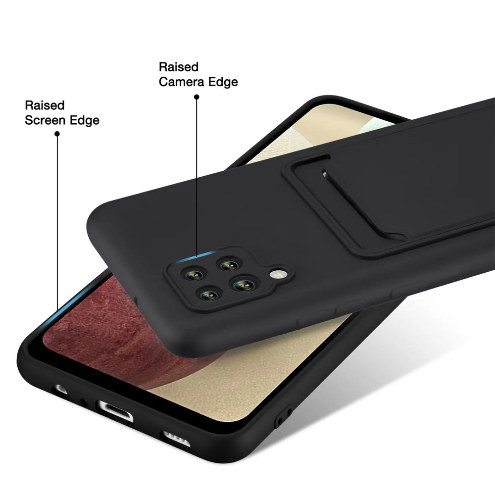 Schwarze Slim Hülle aus Kunststoff mit Kartenfach, zeigt Samsung Galaxy A42 5G.