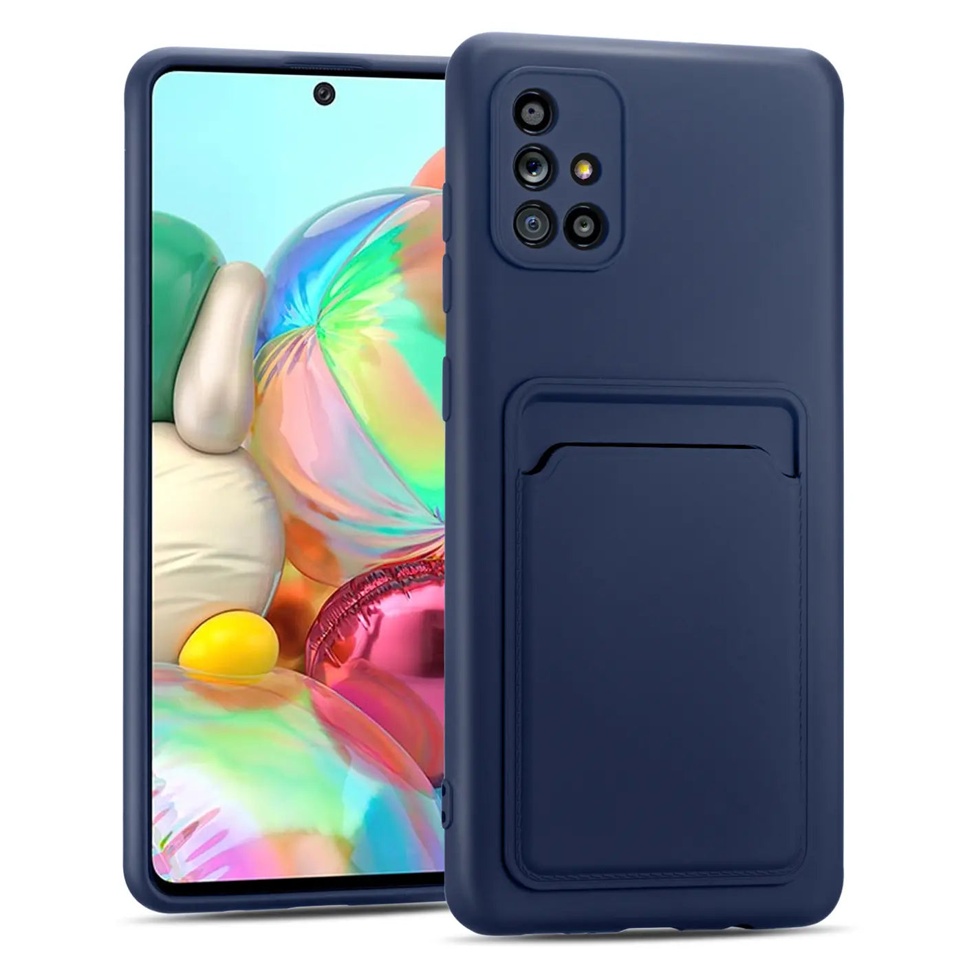 Dunkelblaue Slim Hülle aus Kunststoff mit Kartenfach für Samsung Galaxy A51, von vorne.