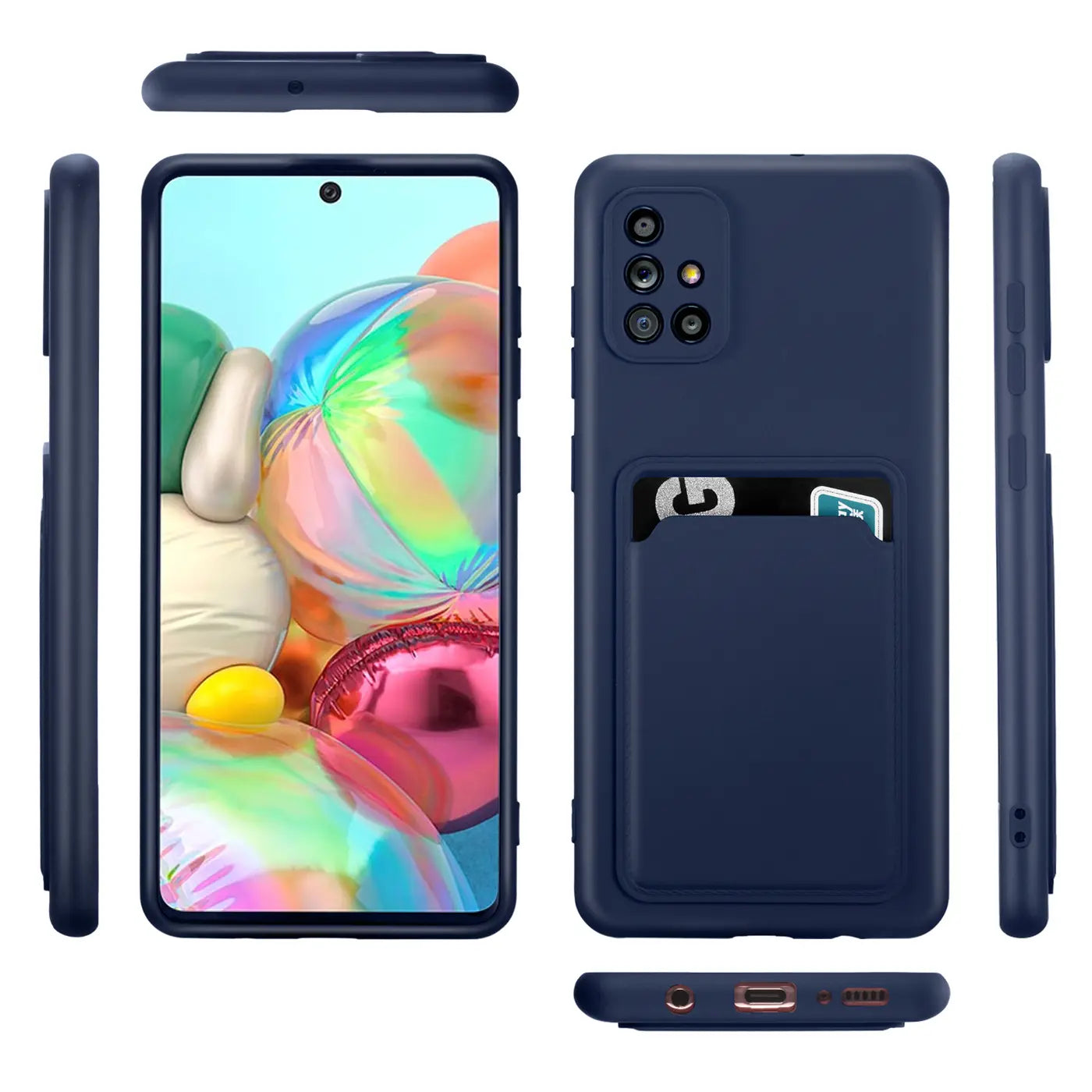 Dunkelblaue Slim Hülle aus Kunststoff mit Kartenfach für Samsung Galaxy A51, verschiedene Ansichten.