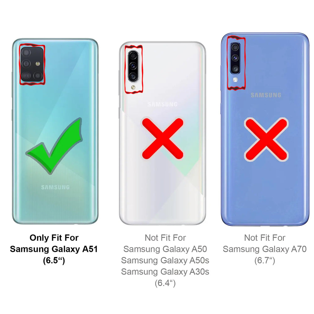Drei Samsung-Handys, Rückansicht. Links A51 (grüner Haken), Mitte A50/A50s/A30s (rotes X), rechts A70 (rotes X).
