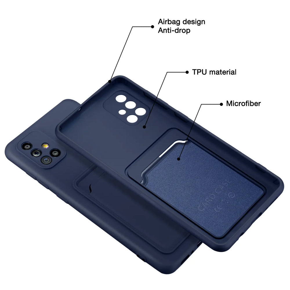 Dunkelblaue TPU-Hülle mit Kartenfach, Rückansicht, Samsung Galaxy A51.