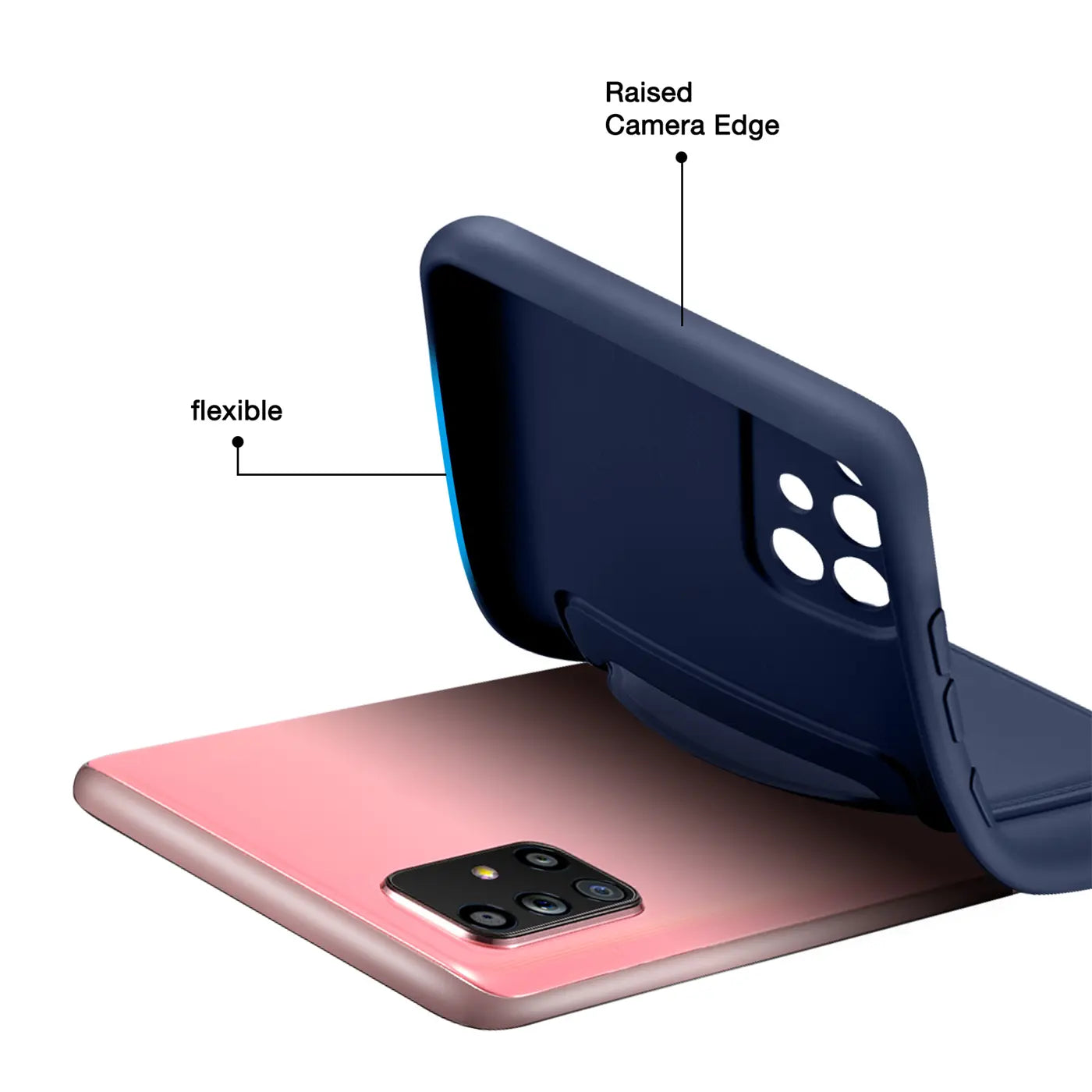 Dunkelblaue flexible Hülle, Rückansicht, Samsung Galaxy A51 mit Kamera.