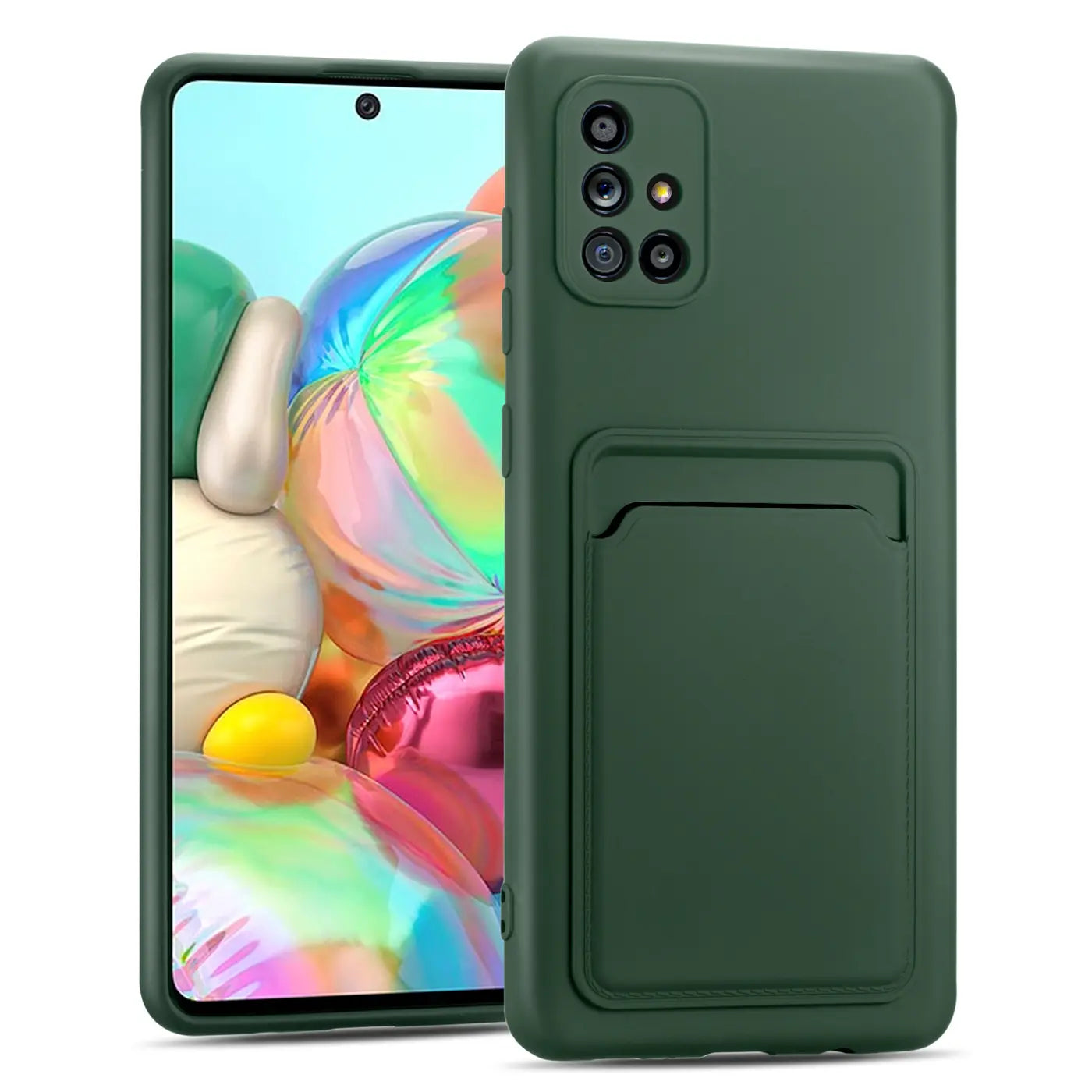 Dunkelgrüne Slim Hülle aus Kunststoff mit Kartenfach für Samsung Galaxy A51, von vorne/leicht seitlich