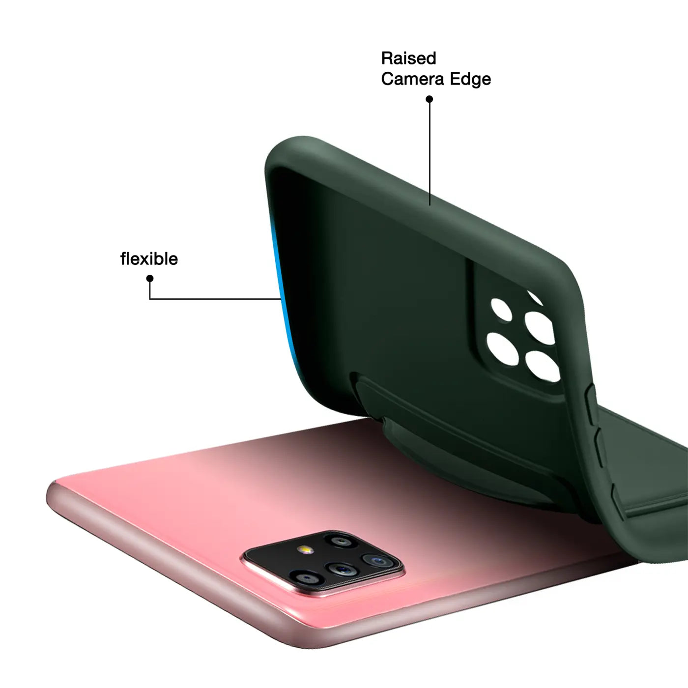 Dunkelgrüne flexible Hülle über einem rosafarbenen Samsung Galaxy A51, Seitenansicht.