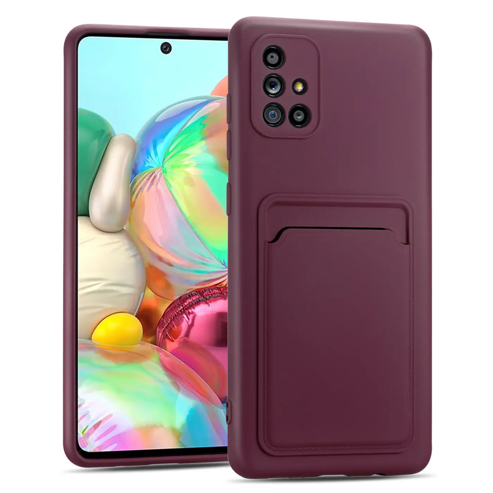 Dunkelrote Slim Hülle aus Kunststoff mit Kartenfach für Samsung Galaxy A51, von vorne/seitlich