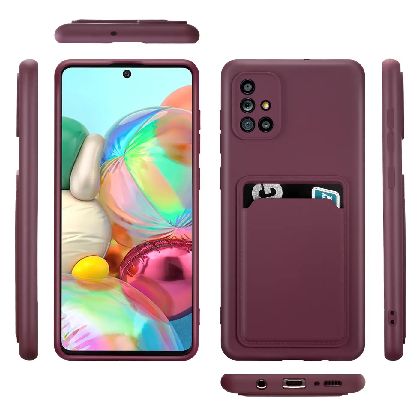 Dunkelrote Handyhülle aus Silikon für Samsung Galaxy A51 mit Kartenfach, verschiedene Ansichten.