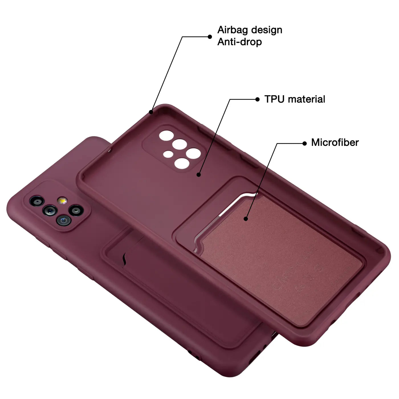 Dunkelrote TPU-Hülle mit Kartenfach, von oben, für Samsung Galaxy A51