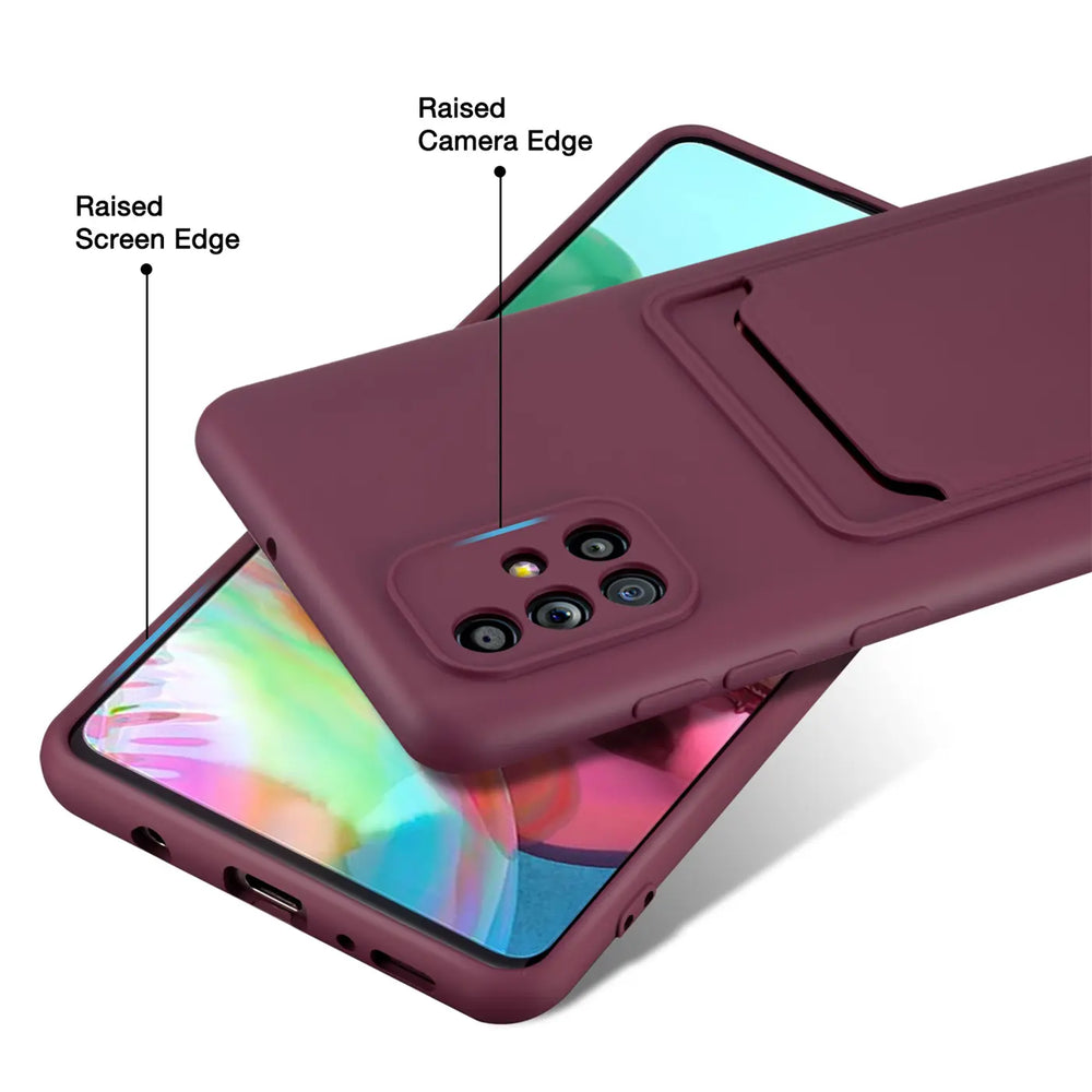 Dunkelrote Slim Hülle mit Kartenfach auf Samsung Galaxy A51, Seitenansicht