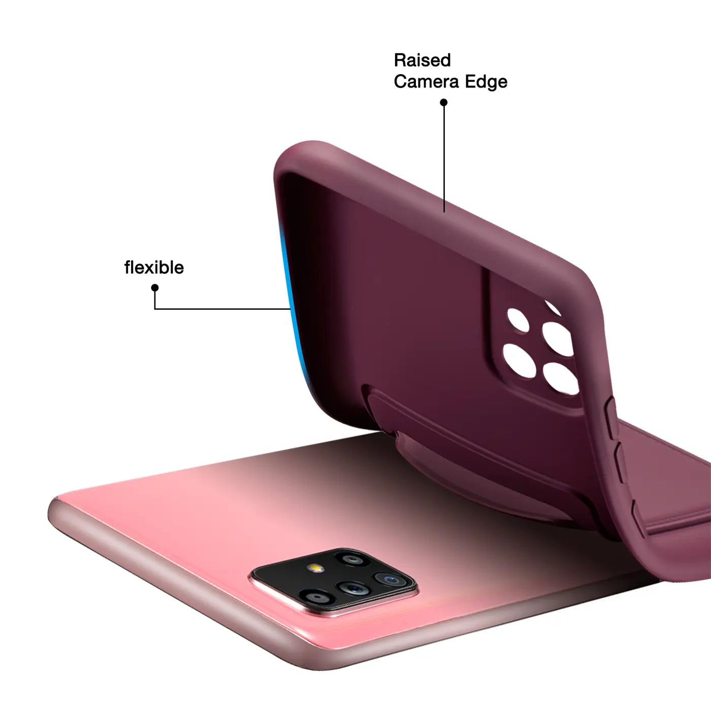 Dunkelrote, flexible Hülle aus Silikon, die über ein rosafarbenes Samsung Galaxy A51 gelegt wird.