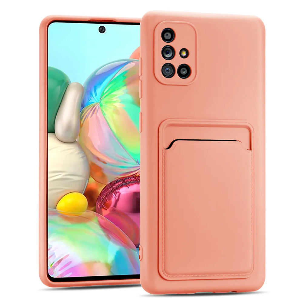 Lachsfarbene Slim Hülle aus Kunststoff mit Kartenfach für Samsung Galaxy A51, von vorne leicht schräg