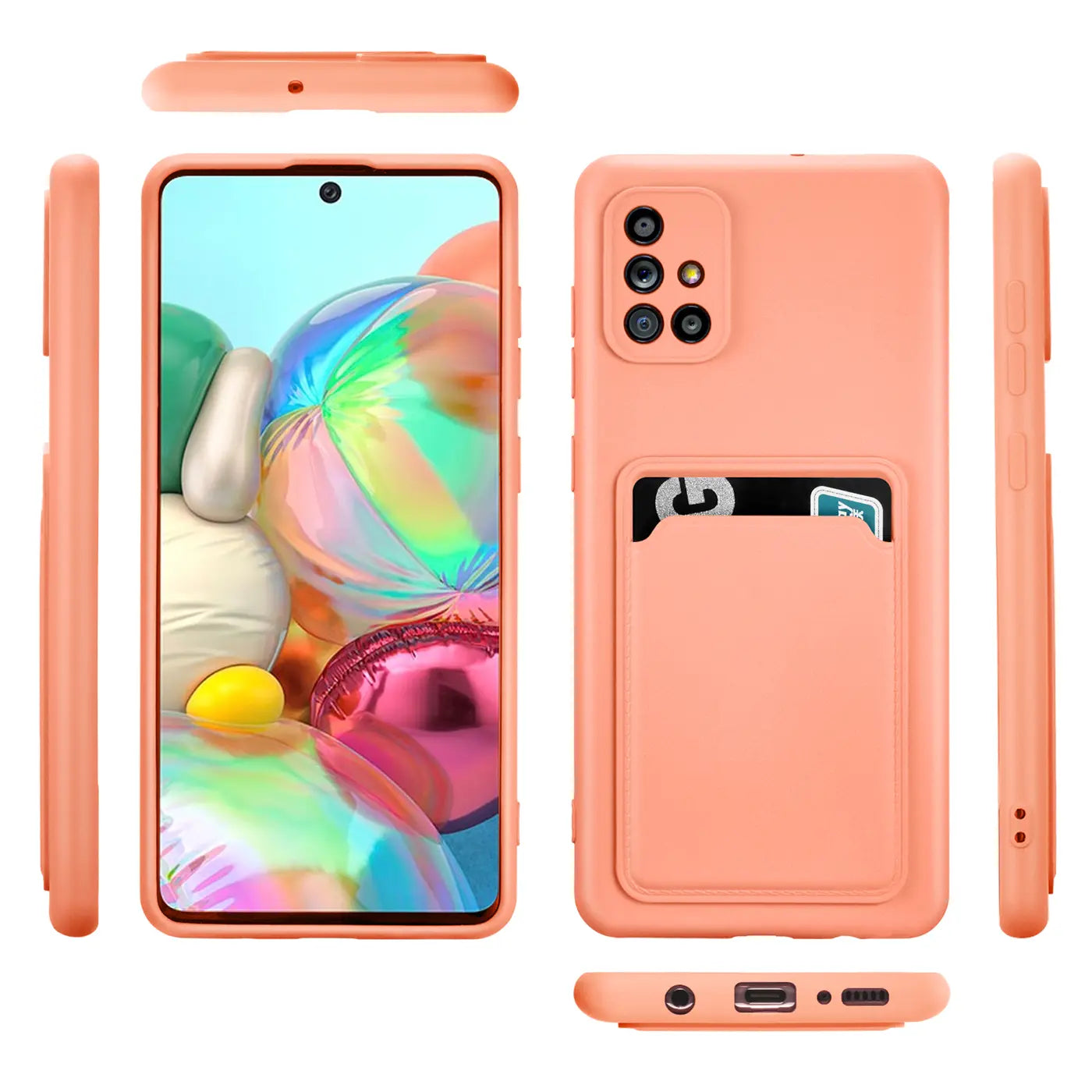 Pfirsichfarbene Hülle aus Silikon für Samsung Galaxy A51 mit Kartenfach, Vorder- und Rückansicht.