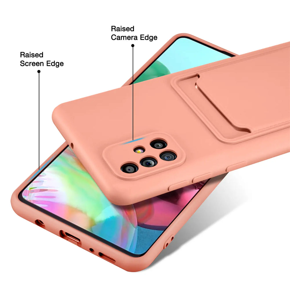 Lachsfarbene Slim Hülle aus Silikon mit Kartenfach für Samsung Galaxy A51, Rückansicht.