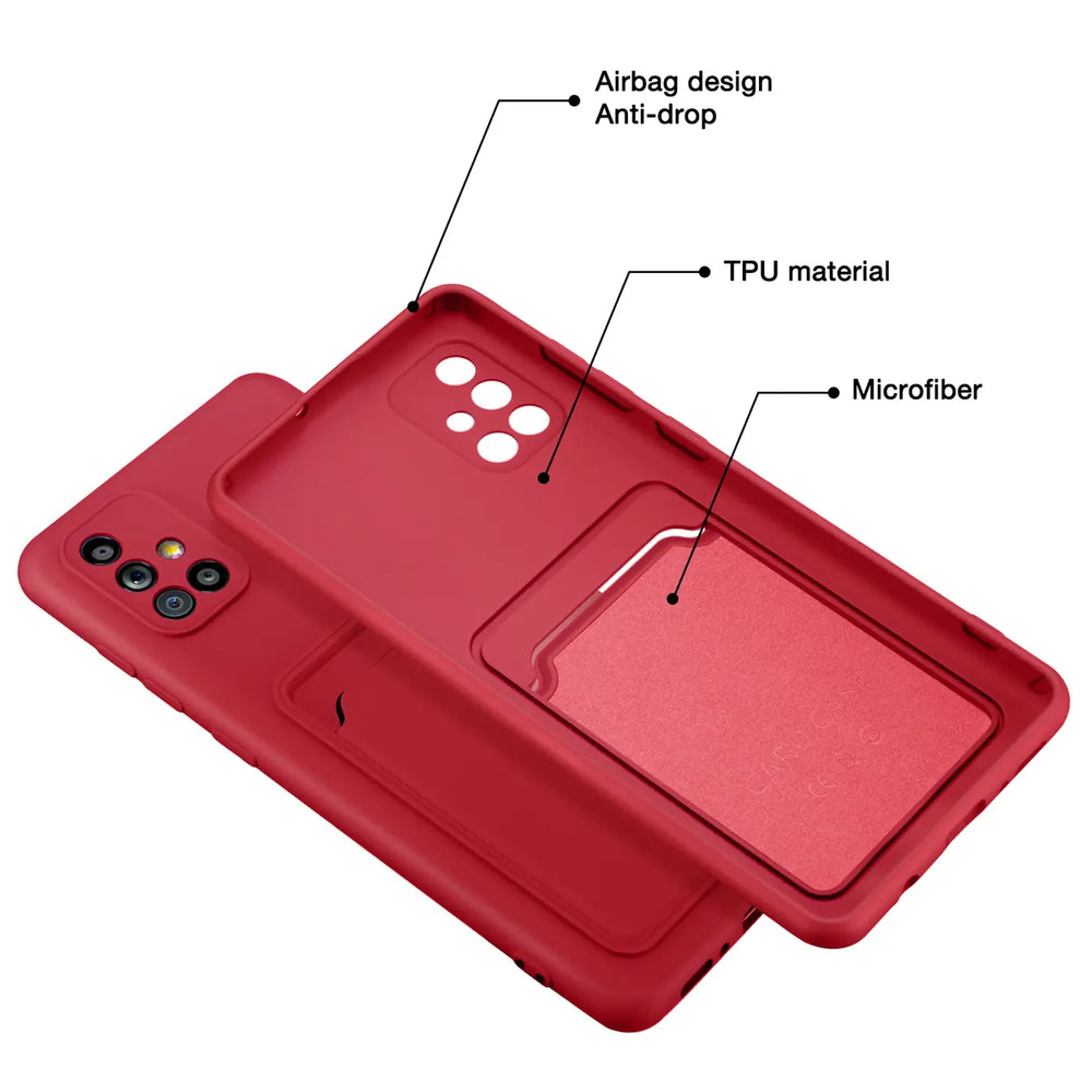 Rote TPU-Hülle mit Kartenfach, Rückansicht, Samsung Galaxy A51 erkennbar.