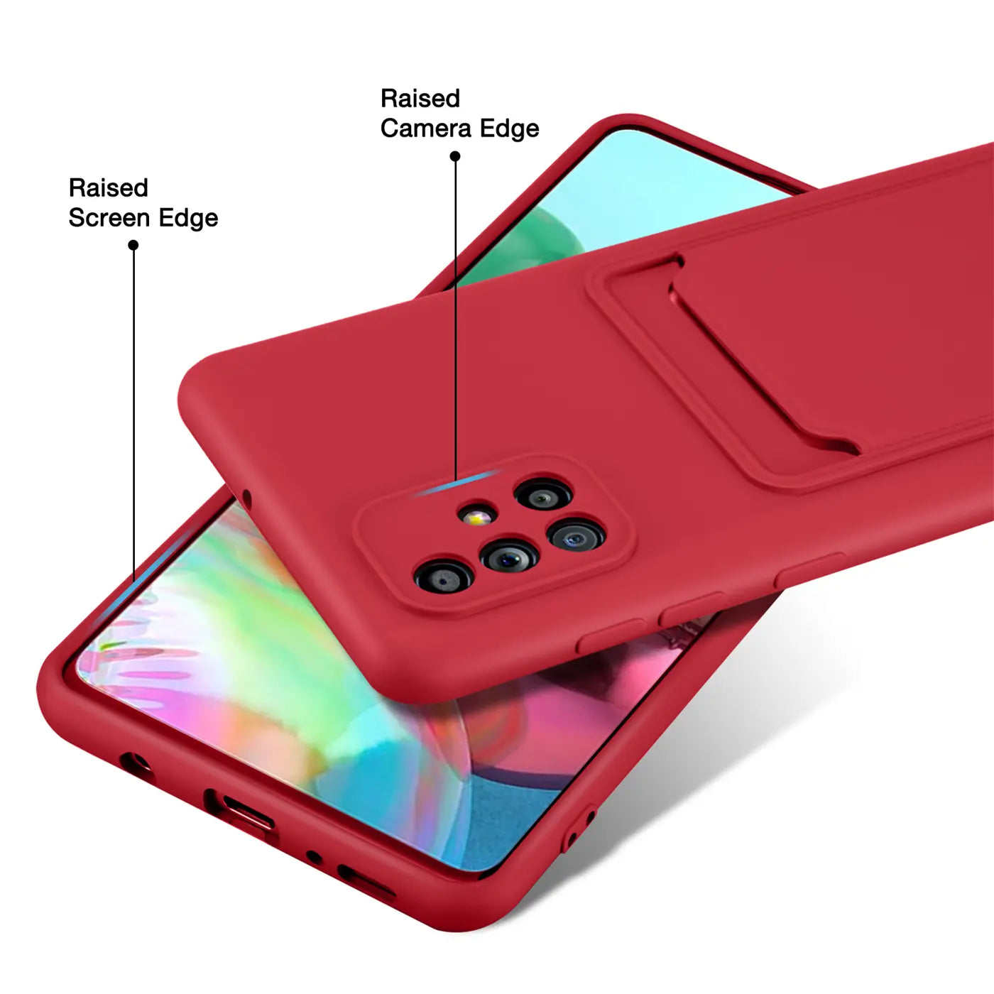 Rote Slim Hülle mit Kartenfach für Samsung Galaxy A51, von oben/seitlich, mit Kamera- und Bildschirmrand.
