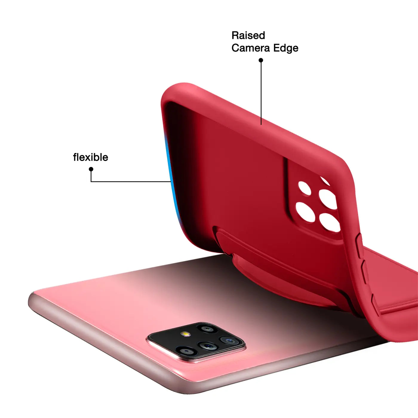 Rote, flexible Hülle über rosafarbenem Samsung Galaxy A51, von schräg oben.