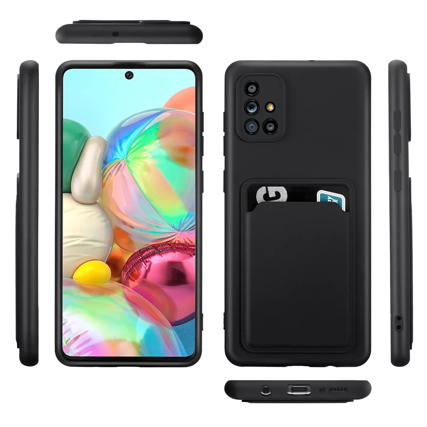 Schwarze Slim Hülle aus Kunststoff mit Kartenfach für Samsung Galaxy A51, Vorder- und Rückansicht.