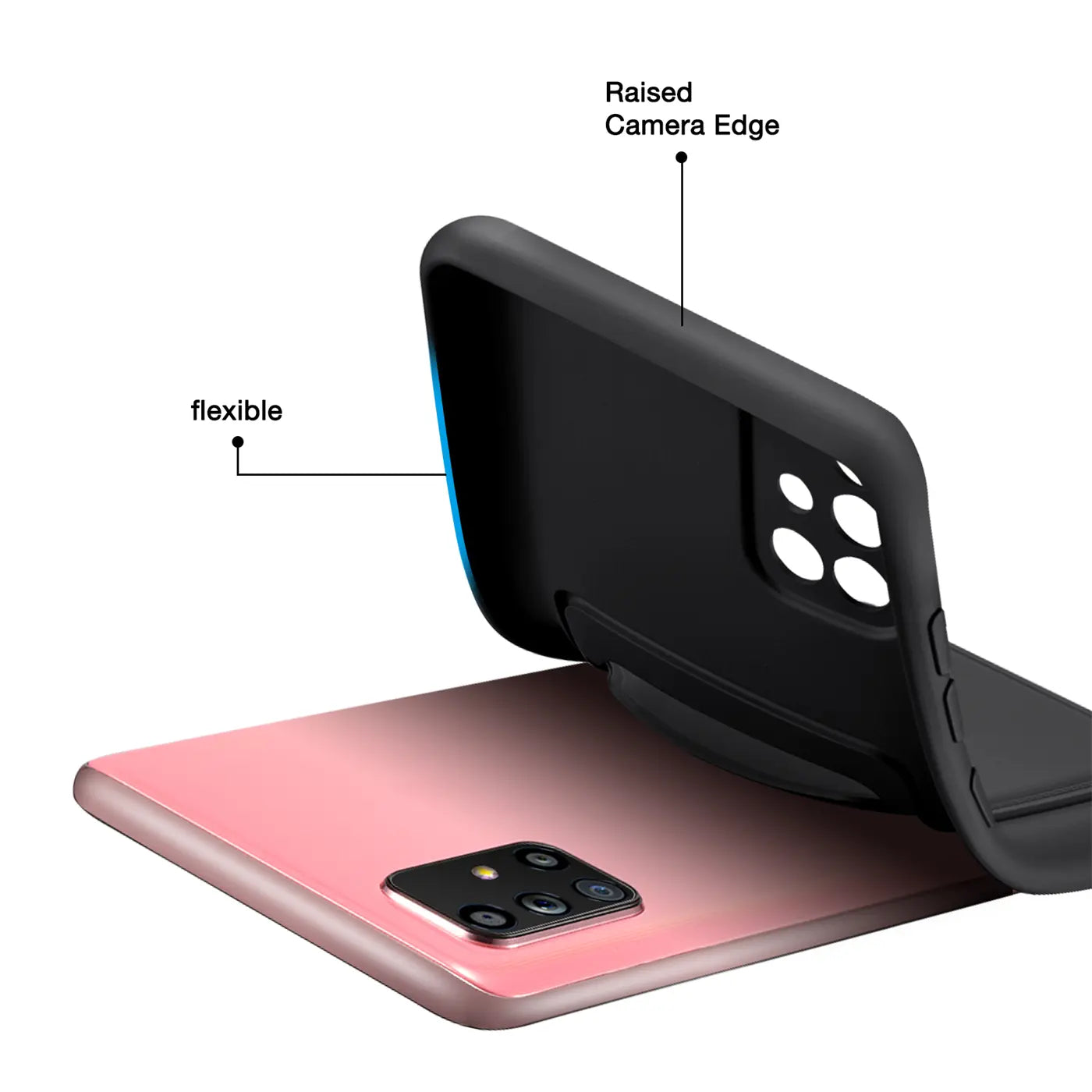 Schwarze flexible Hülle wird auf ein rosafarbenes Samsung Galaxy A51 gelegt.