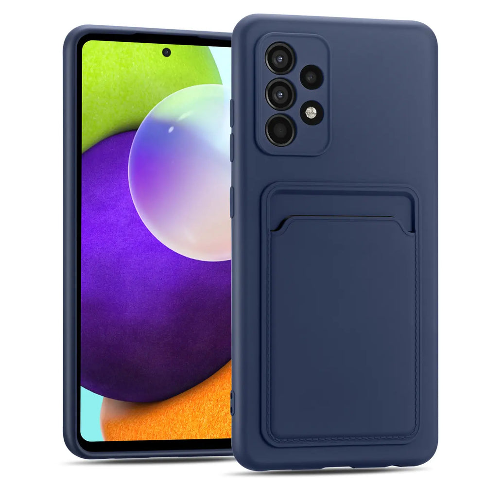 Dunkelblaue Slim Hülle aus Kunststoff mit Kartenfach, Vorderansicht, Samsung Galaxy A52.