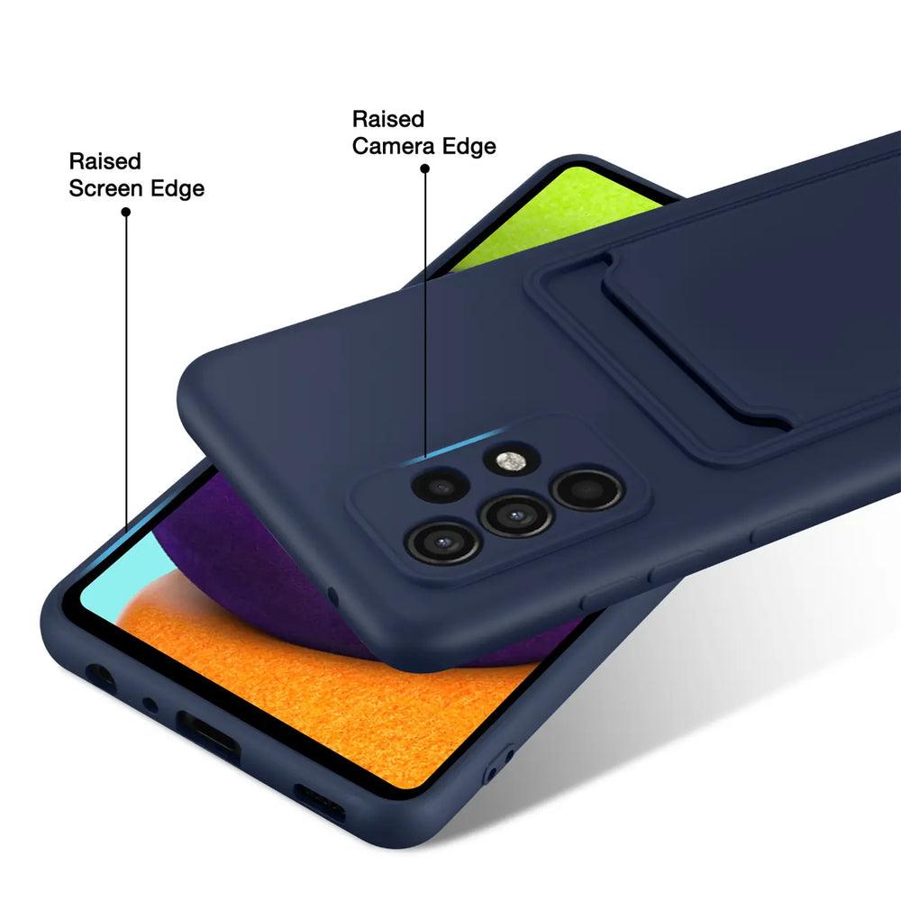 Dunkelblaue Slim Hülle mit Kartenfach auf Samsung Galaxy A52, von schräg oben