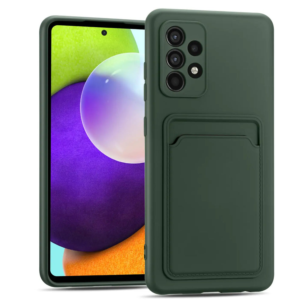 Dunkelgrüne Slim Hülle aus Kunststoff mit Kartenfach, Vorder- und Rückansicht, Samsung Galaxy A52.