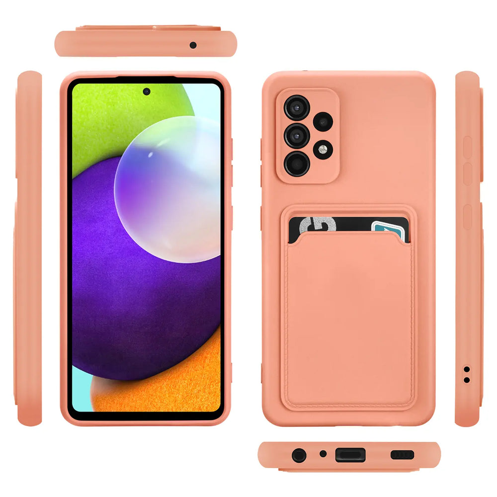 Orange Hülle mit Kartenfach für Samsung Galaxy A52/A52S 5G, verschiedene Ansichten.
