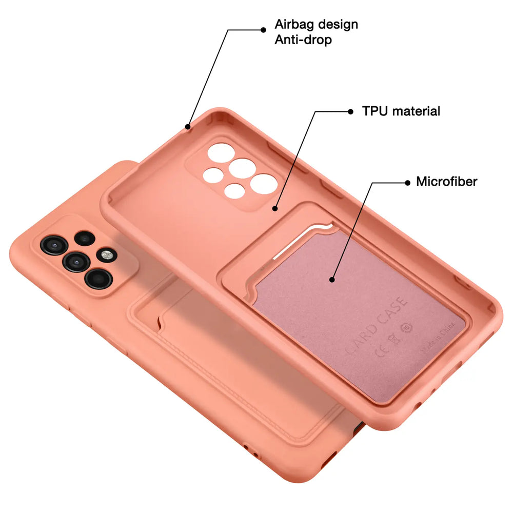 Orange TPU-Hülle mit Kartenfach, Innenfutter aus Mikrofaser, für Samsung Galaxy A52.