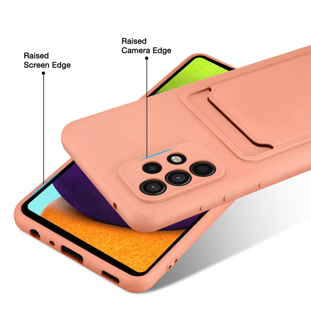 Pfirsichfarbene Slim Hülle aus Silikon mit Kartenfach für Samsung Galaxy A52/A52s.