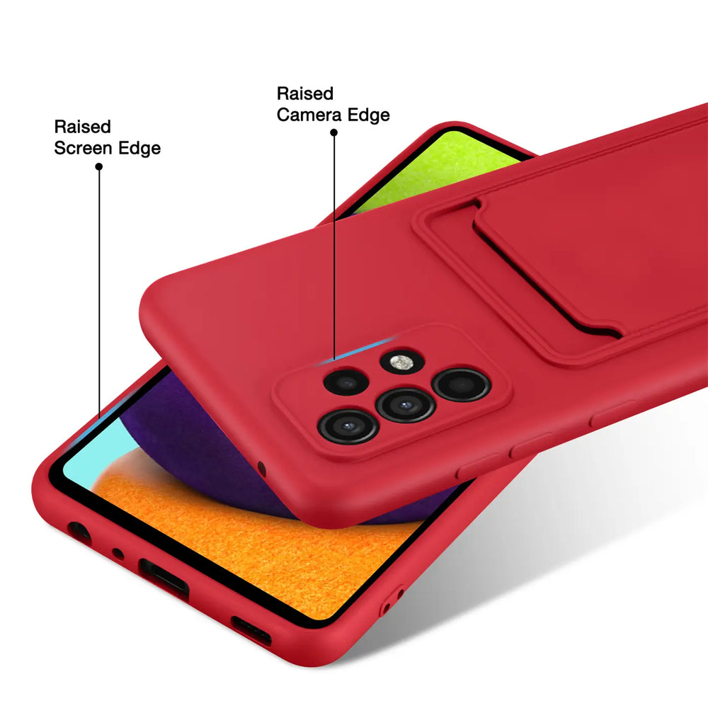 Rote Slim Hülle aus Kunststoff mit Kartenfach für Samsung Galaxy A52, von hinten gezeigt.