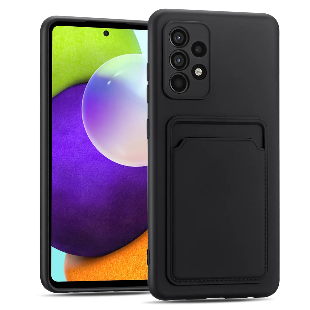 Schwarze Slim Hülle aus Kunststoff mit Kartenfach für Samsung Galaxy A52/A52 5G/A52S 5G, von vorn.