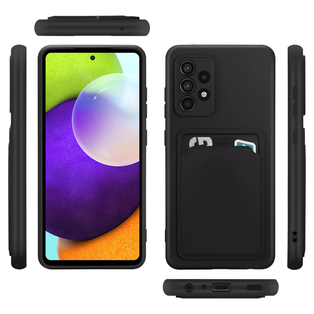 Schwarze Handyhülle aus Kunststoff mit Kartenfach für Samsung Galaxy A52, verschiedene Ansichten.