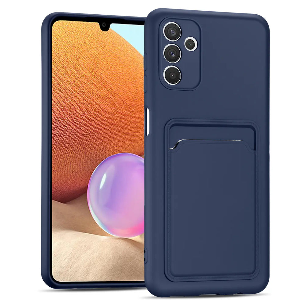 Dunkelblaue Slim Hülle mit Kartenfach, aus Kunststoff, von vorne schräg gezeigt, für Samsung Galaxy A54 5G.