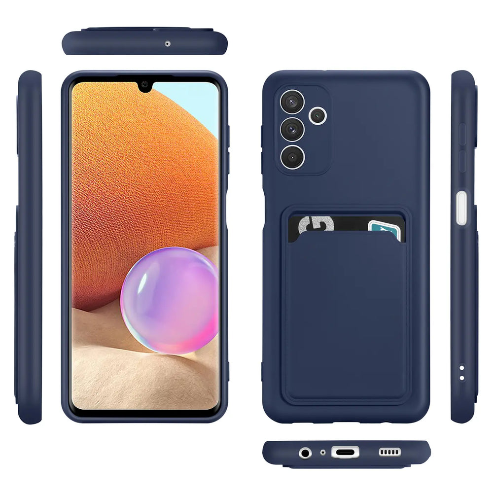 Dunkelblaue Handyhülle aus Silikon mit Kartenfach, Vorder- und Rückansicht, Samsung Galaxy A54 5G.