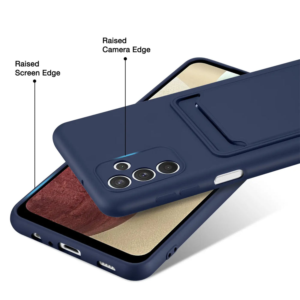 Dunkelblaue Slim Hülle mit Kartenfach, aus Kunststoff, von oben auf Samsung Galaxy A54 5G