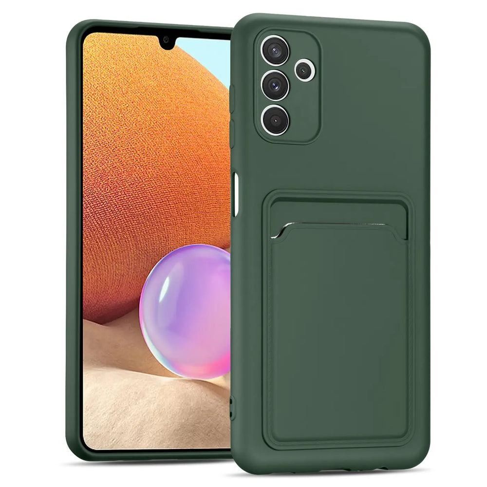 Dunkelgrüne Slim Hülle aus Kunststoff mit Kartenfach, Vorderansicht, zeigt Samsung Galaxy A54 5G.