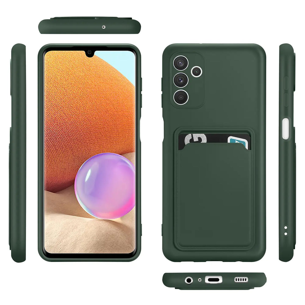 Dunkelgrüne Slim Hülle aus Kunststoff mit Kartenfach für Samsung Galaxy A54 5G. Mehrere Ansichten.
