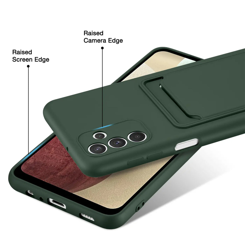 Dunkelgrüne Slim Hülle aus Kunststoff mit Kartenfach, zeigt Rückseite eines Samsung Galaxy A54 5G.