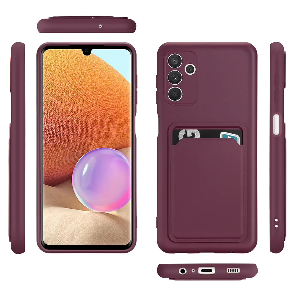 Dunkelrote Slim Hülle mit Kartenfach für Samsung Galaxy A54 5G, verschiedene Ansichten.