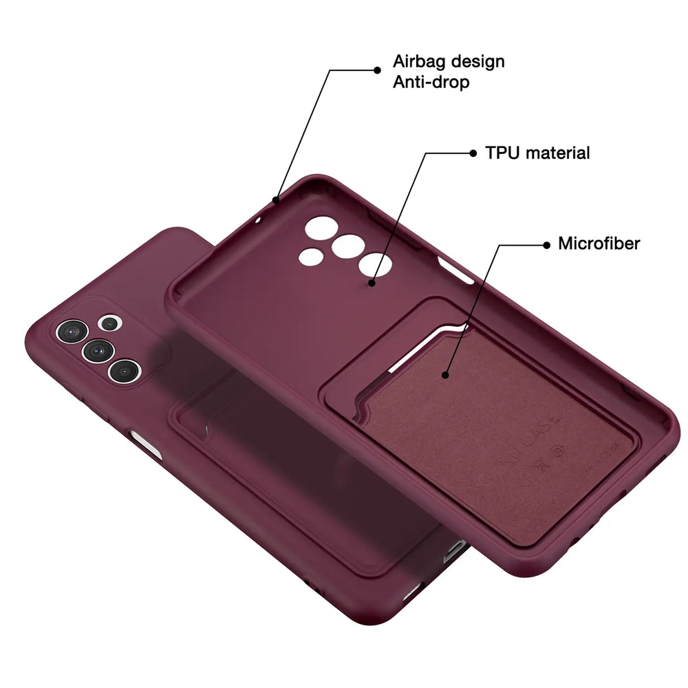 Dunkelrote TPU-Hülle mit Kartenfach, von schräg oben auf ein Samsung Galaxy A54 5G gelegt.