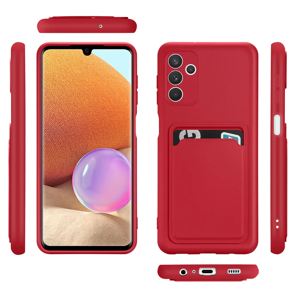 Rote Slim Hülle mit Kartenfach für Samsung Galaxy A54 5G, verschiedene Ansichten.