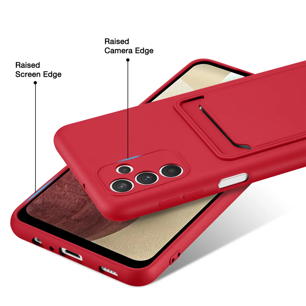 Rote Slim Hülle aus Kunststoff mit Kartenfach, zeigt Samsung A54 5G Kameras.