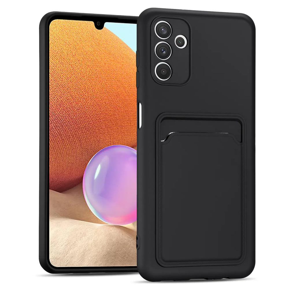 Schwarze Slim Hülle aus Kunststoff mit Kartenfach für Samsung Galaxy A54 5G, von vorne schräg gezeigt.