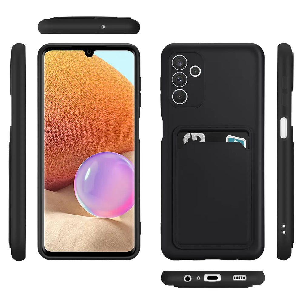 Schwarze Slim Hülle aus TPU mit Kartenfach, Vorder-, Rück- und Seitenansicht, für Samsung Galaxy A54 5G.