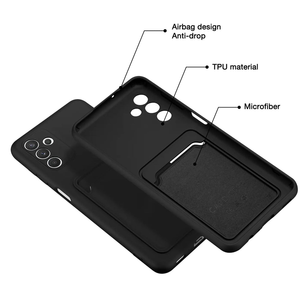 Schwarze TPU-Hülle mit Kartenfach, von oben/seitlich, für Samsung Galaxy A54 5G.